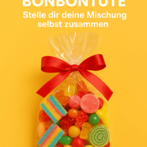 Bunte Bonbontüte mit verschiedenen Süßigkeiten und roter Schleife auf gelbem Hintergrund - selbst zusammenstellen